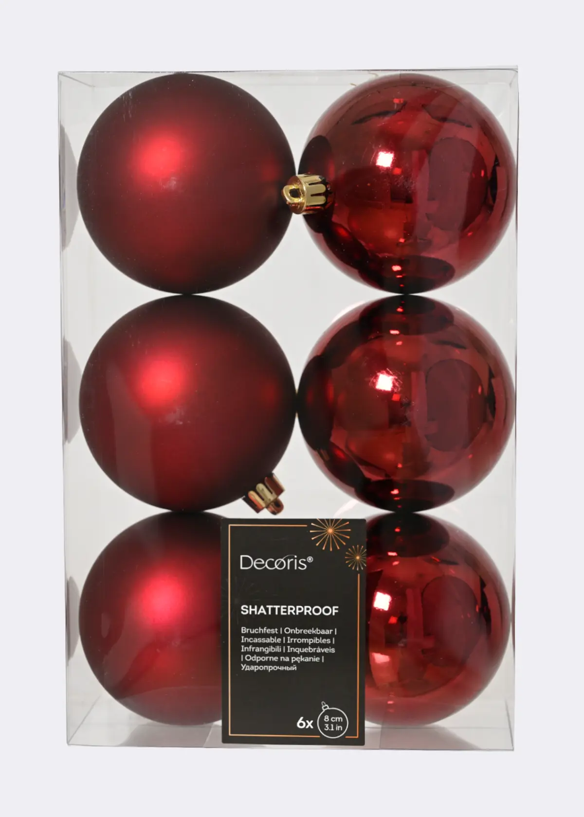 A photo of Pack of 6 Shatterproof Oxblood Red Baubles 8cm