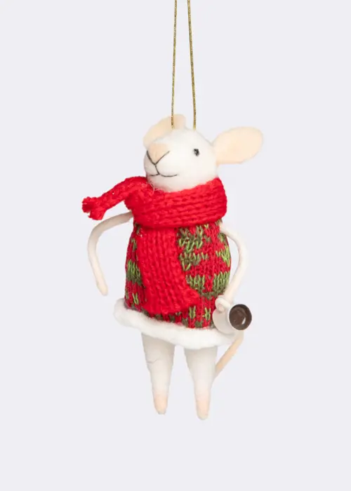 A photo of Needle Felt Mouse In Scarf Hanging Decoration 12cm
