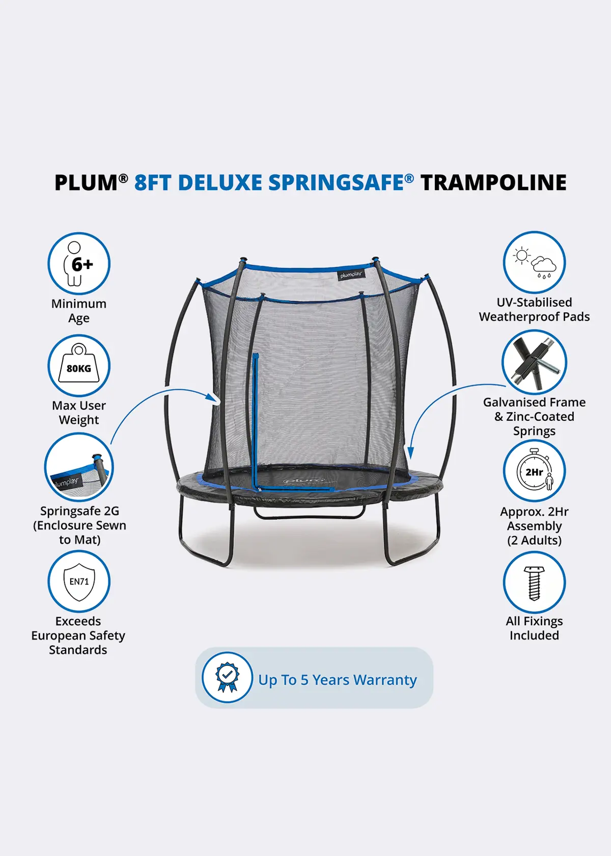 A photo of Plum® 8ft Deluxe Springsafe® Trampoline & Enclosure