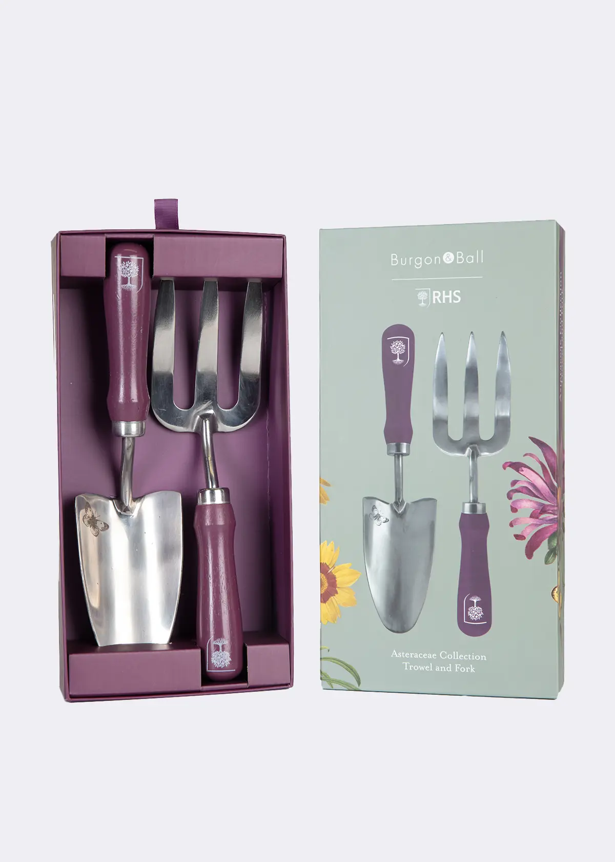 A photo of RHS Asteraceae Trowel and Fork Gift Set
