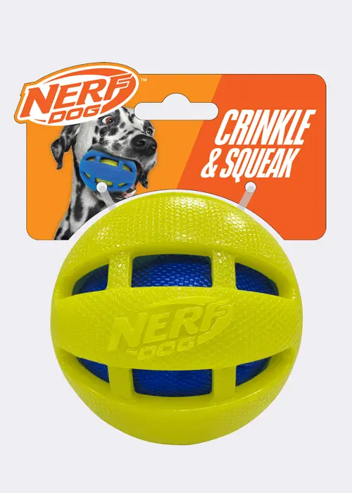 Nerf 3.8in TPR Checker Squeak and Crunch Ball Dog Toy