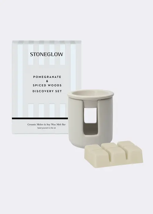 A photo of Pomegranate & Spiced Woods Ceramic Wax Melter Set