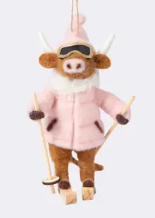 Needle Felt Skiing Cow Hanging Decoration 11.5cm