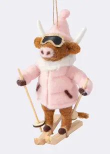 Needle Felt Skiing Cow Hanging Decoration 11.5cm