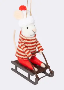 Needle Felt Sledding Mouse Hanging Decoration 12.5cm