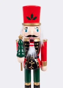 Red & Green Wooden Nutcracker Holding Christmas Tree 25cm