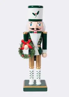Green & White Wooden Nutcracker With Wreath 38cm