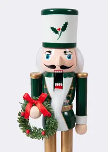 Green & White Wooden Nutcracker With Wreath 38cm