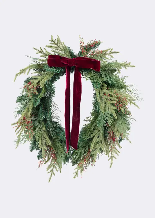 A photo of Artificial Wreath With Red Velvet Bow 60cm Green