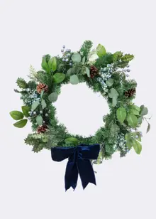 Artificial Wreath With Blue Berries & Velvet Bow 60cm