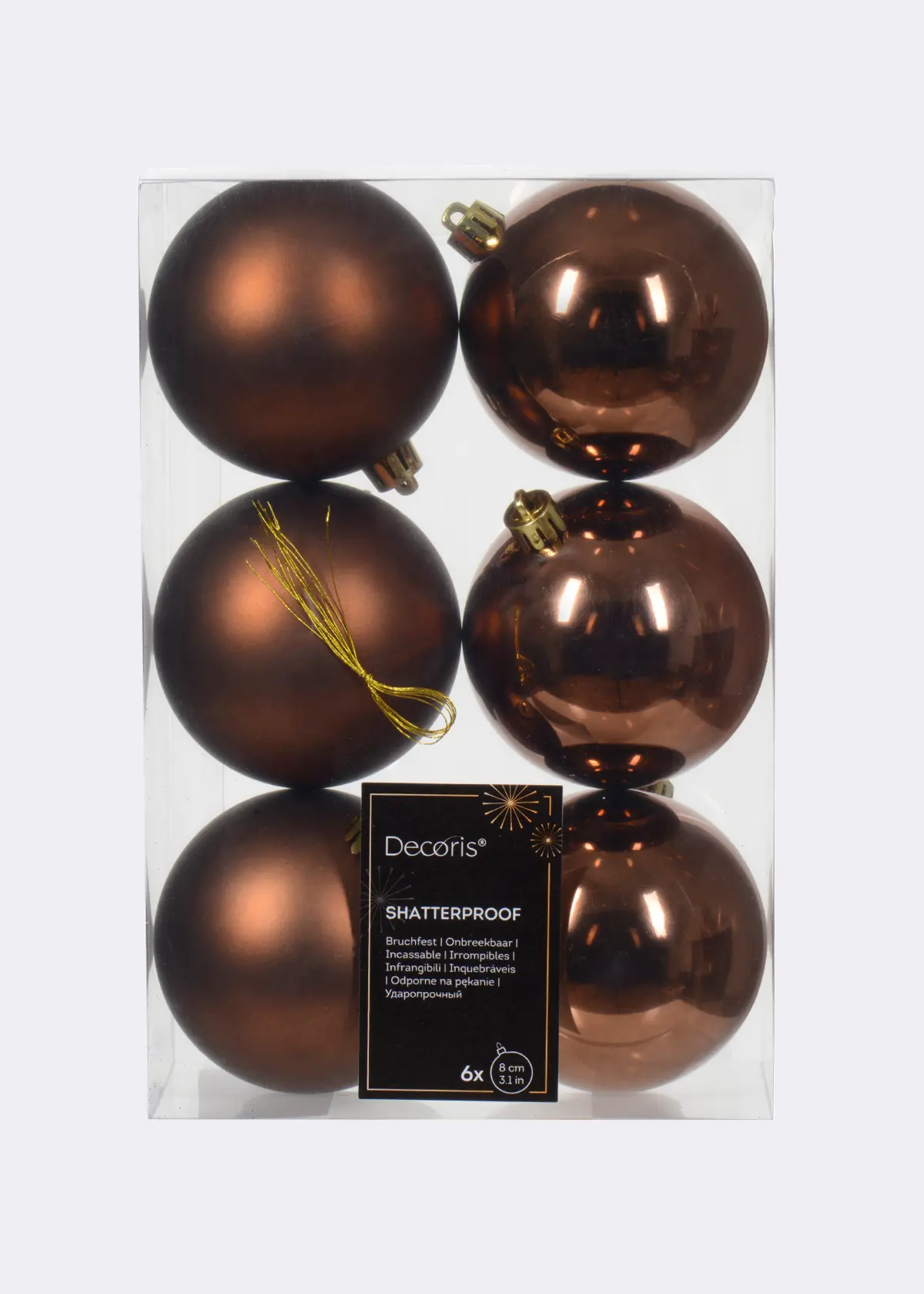 A photo of Pack of 6 Shatterproof Espresso Baubles 8cm