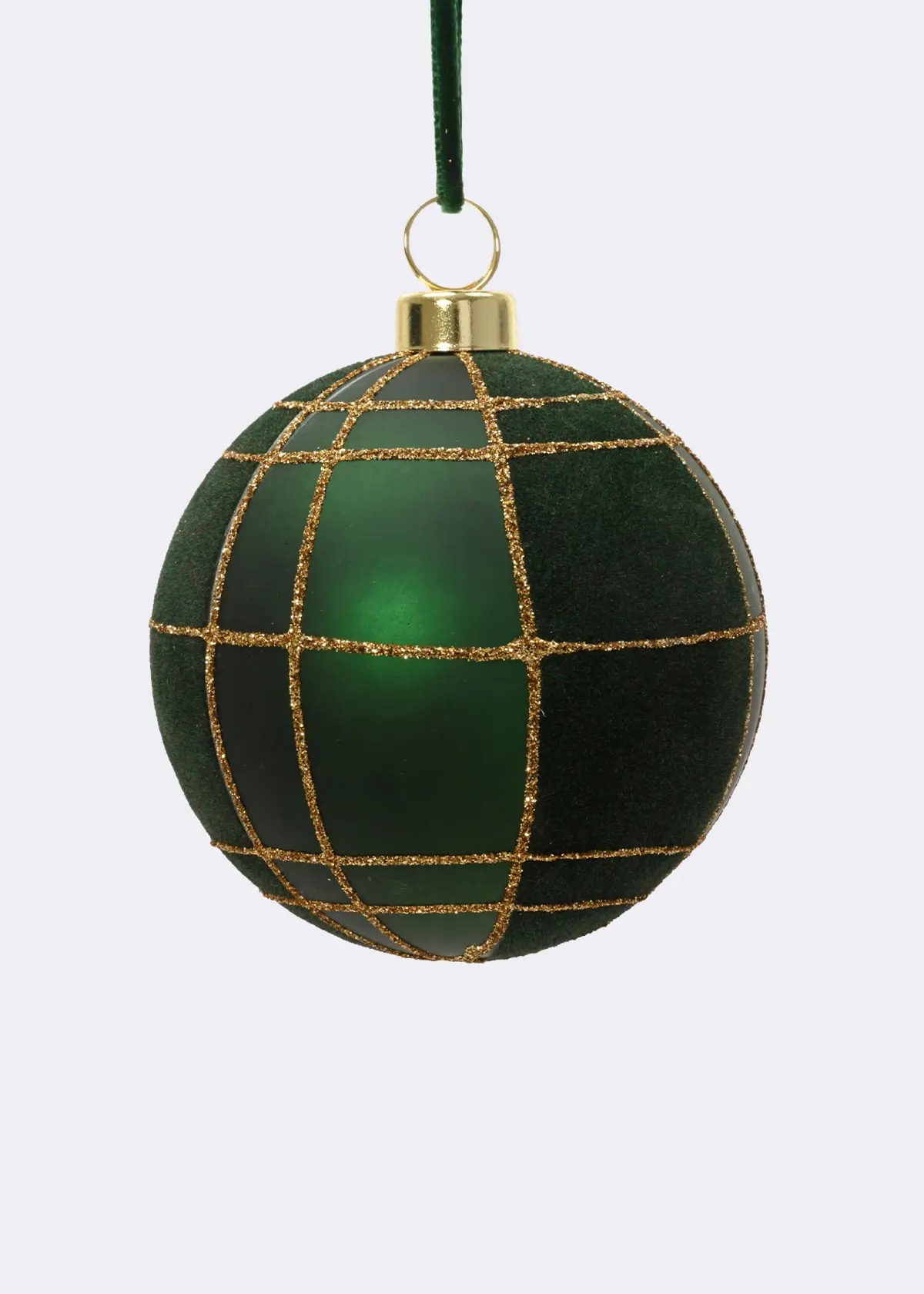 A photo of Matt Velvet Check Green Bauble 8cm