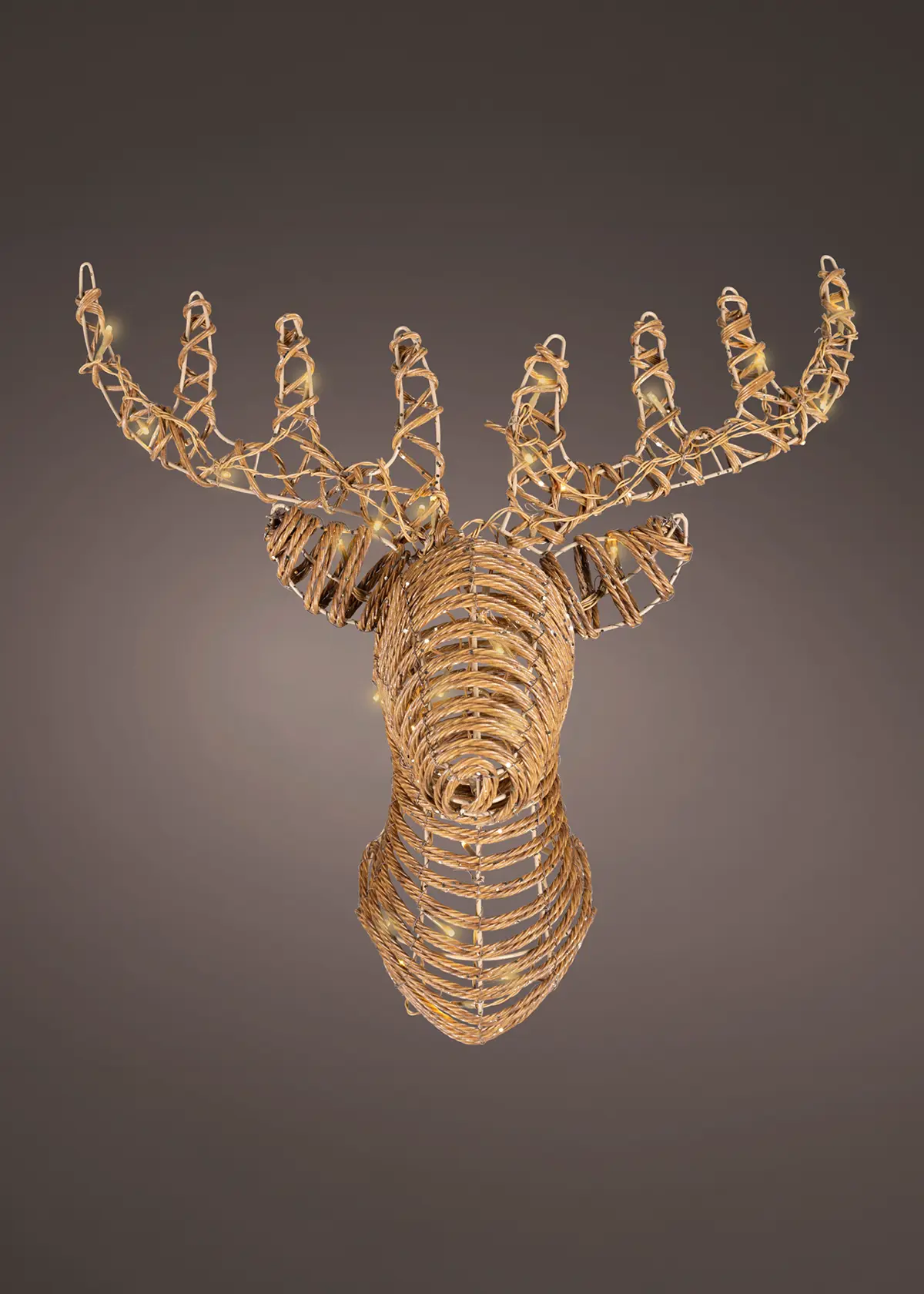 A photo of Gold LED Wicker Stag Head With Flashing Effect 66cm Brown