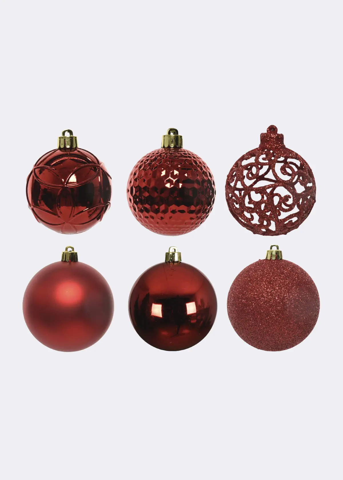 A photo of Pack of 37 Mixed-Finish Shatterproof Red Baubles 6cm