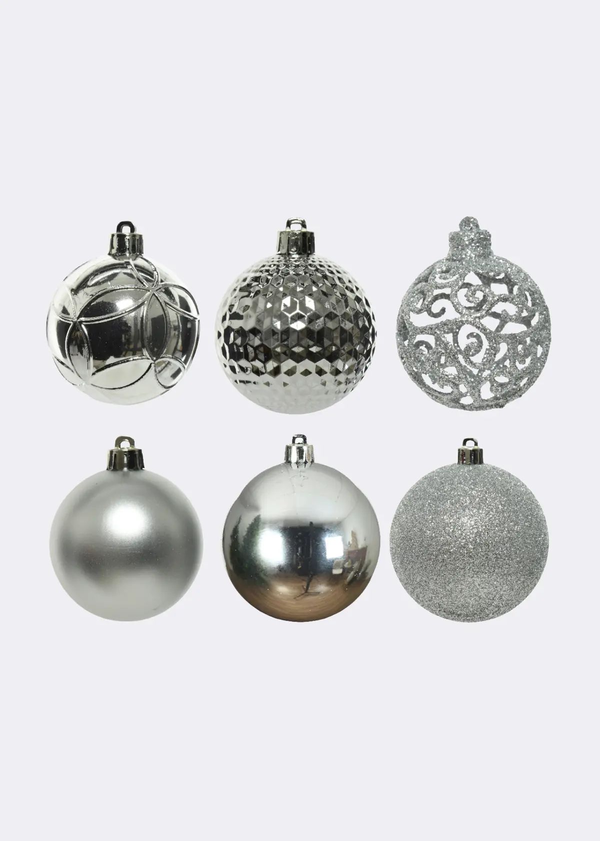 A photo of Pack of 37 Mixed-Finish Shatterproof Silver Baubles 6cm