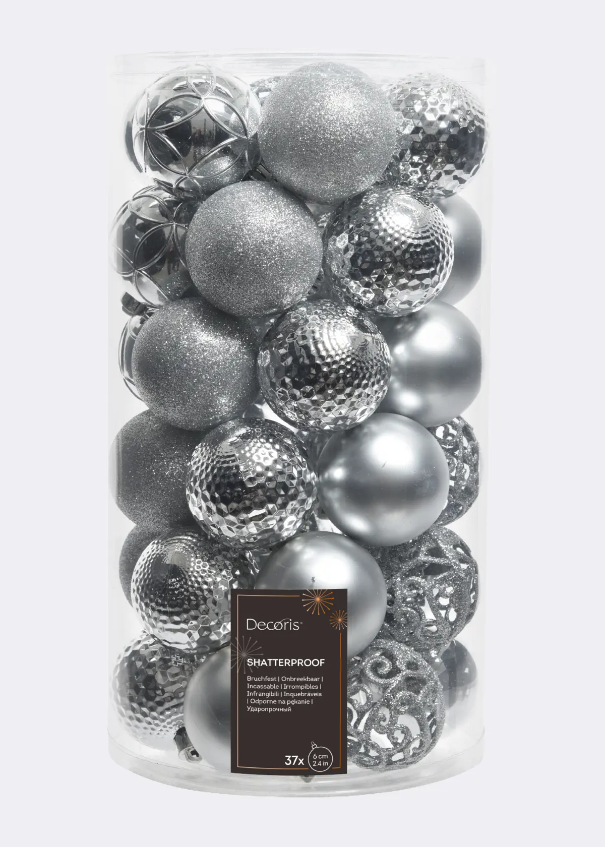 A photo of Pack of 37 Mixed-Finish Shatterproof Silver Baubles 6cm