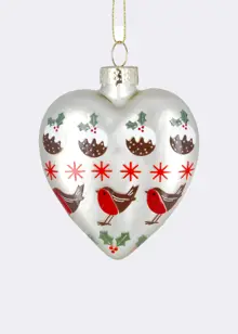 Christmas Pudding & Robin Glass Heart Bauble 7cm