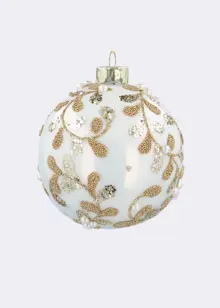 Cream & Gold Beaded Vine Glass Bauble 8cm