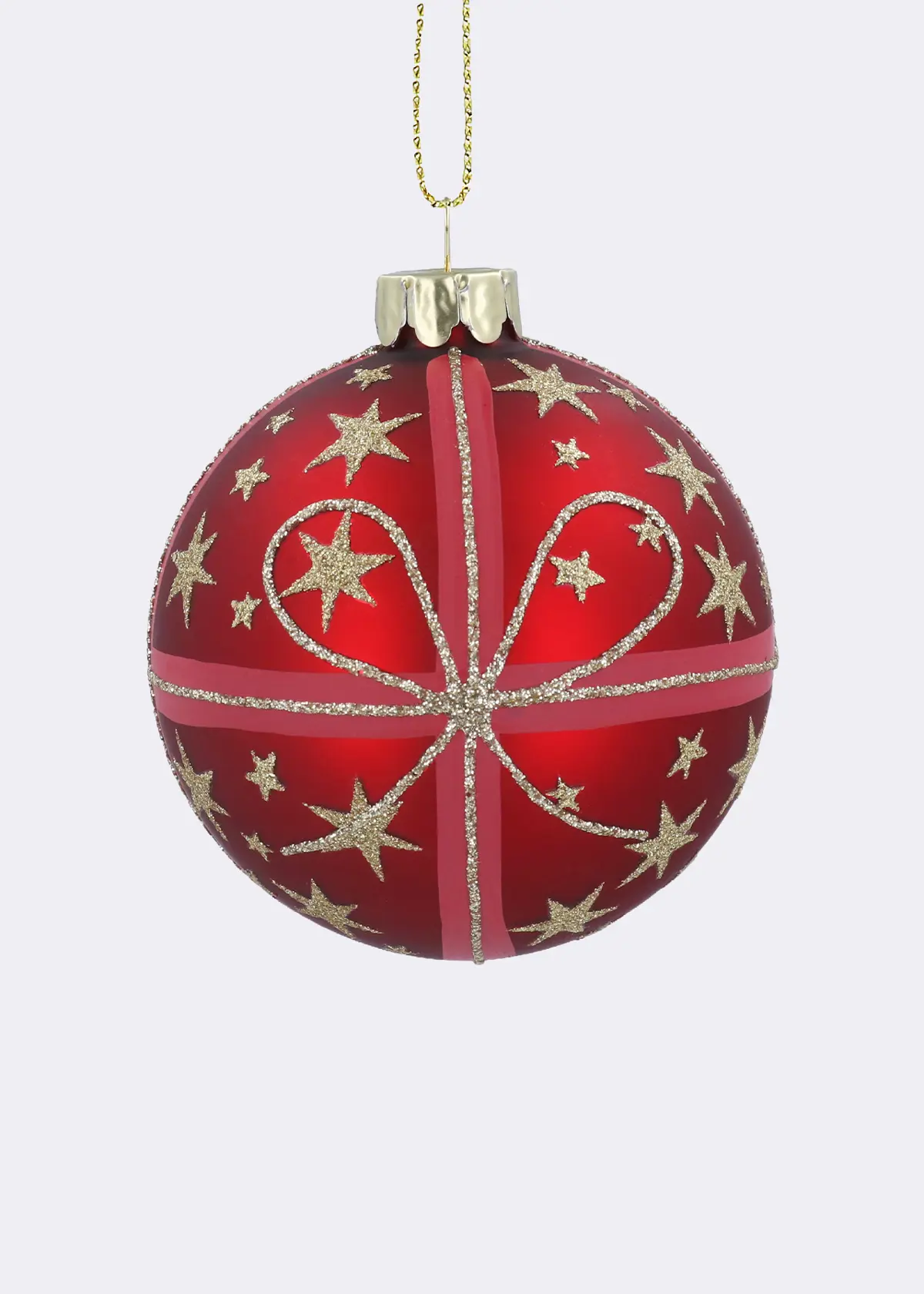 A photo of Red Bauble With Gold Glitter Stars & Bow 8cm