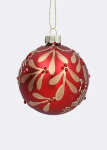 Red & Gold Mistletoe Glass Bauble 8cm