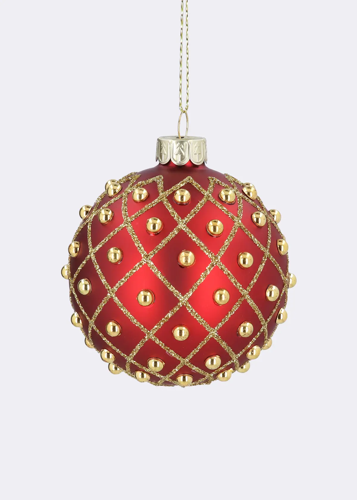 A photo of Red & Gold Trellis With Beads Glass Bauble 8cm