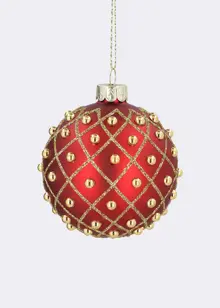 Red & Gold Trellis With Beads Glass Bauble 8cm