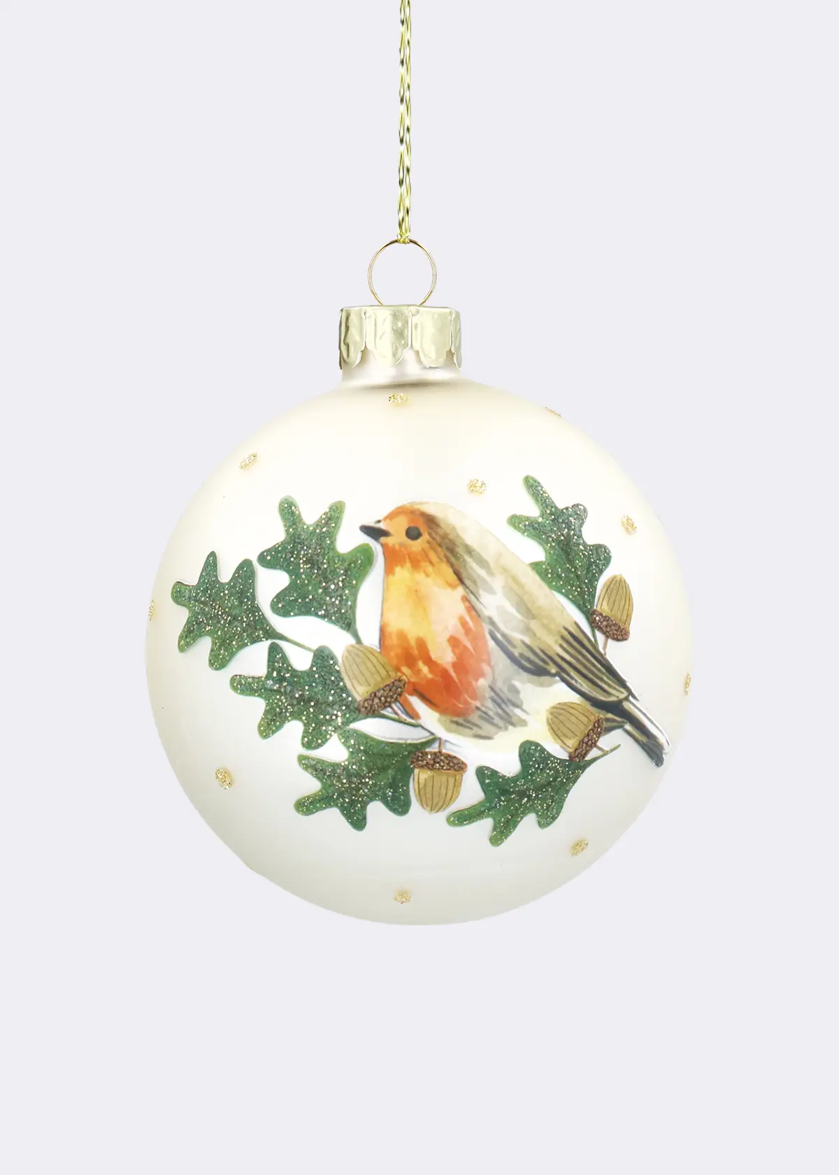 A photo of Pale Gold Robin Glass Bauble 8cm