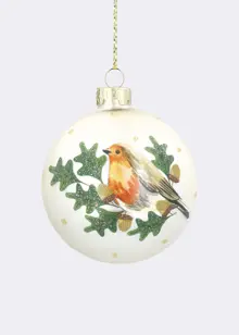 Pale Gold Robin Glass Bauble 8cm
