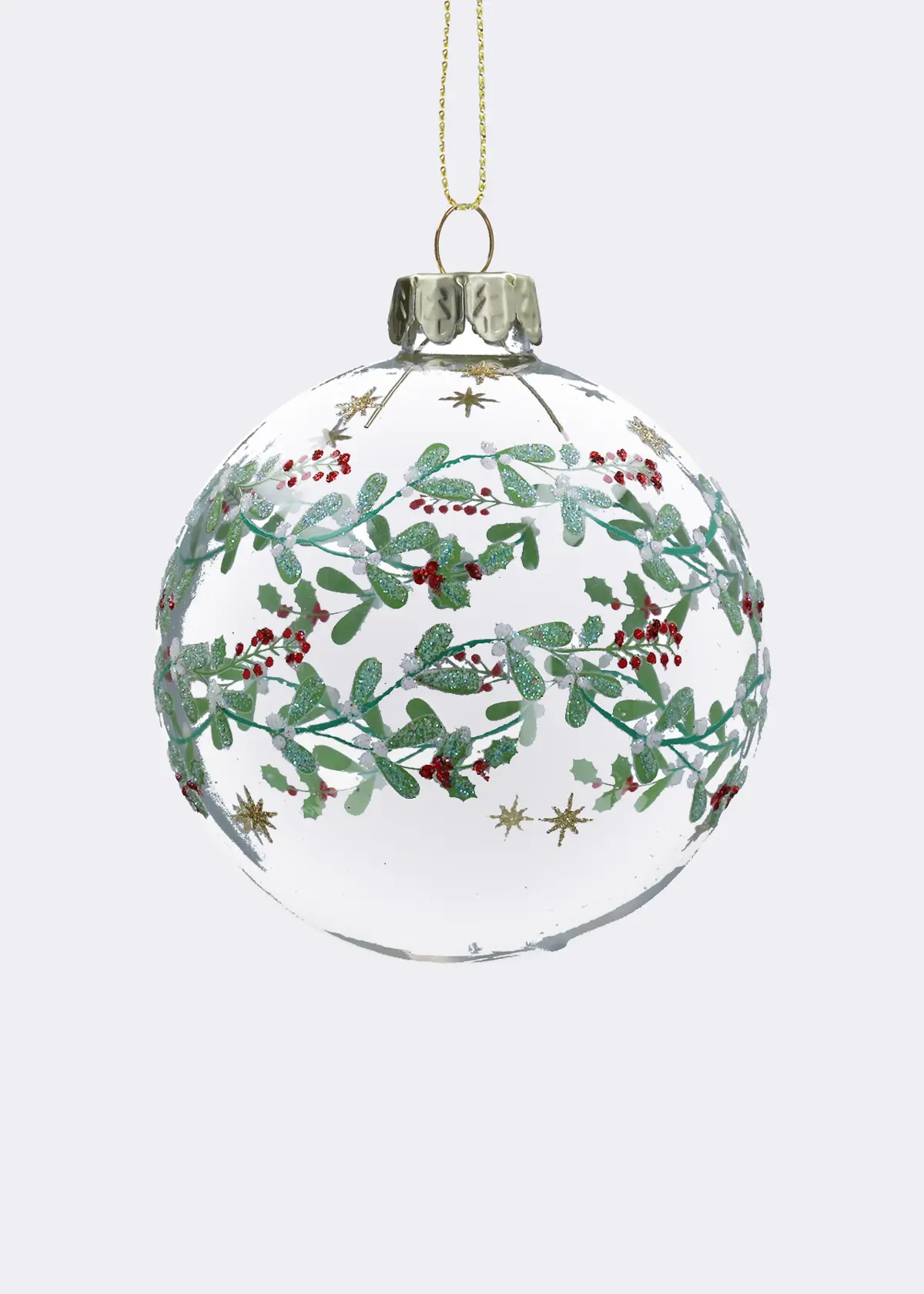 A photo of Glitter Mistletoe Clear Glass Bauble 8cm