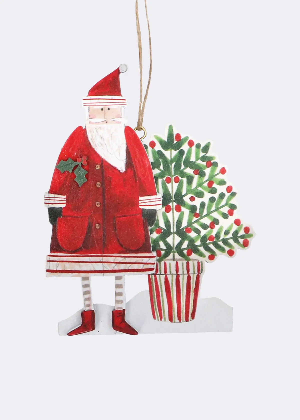 A photo of Wooden Santa With Potted Tree Hanging Decoration 10cm
