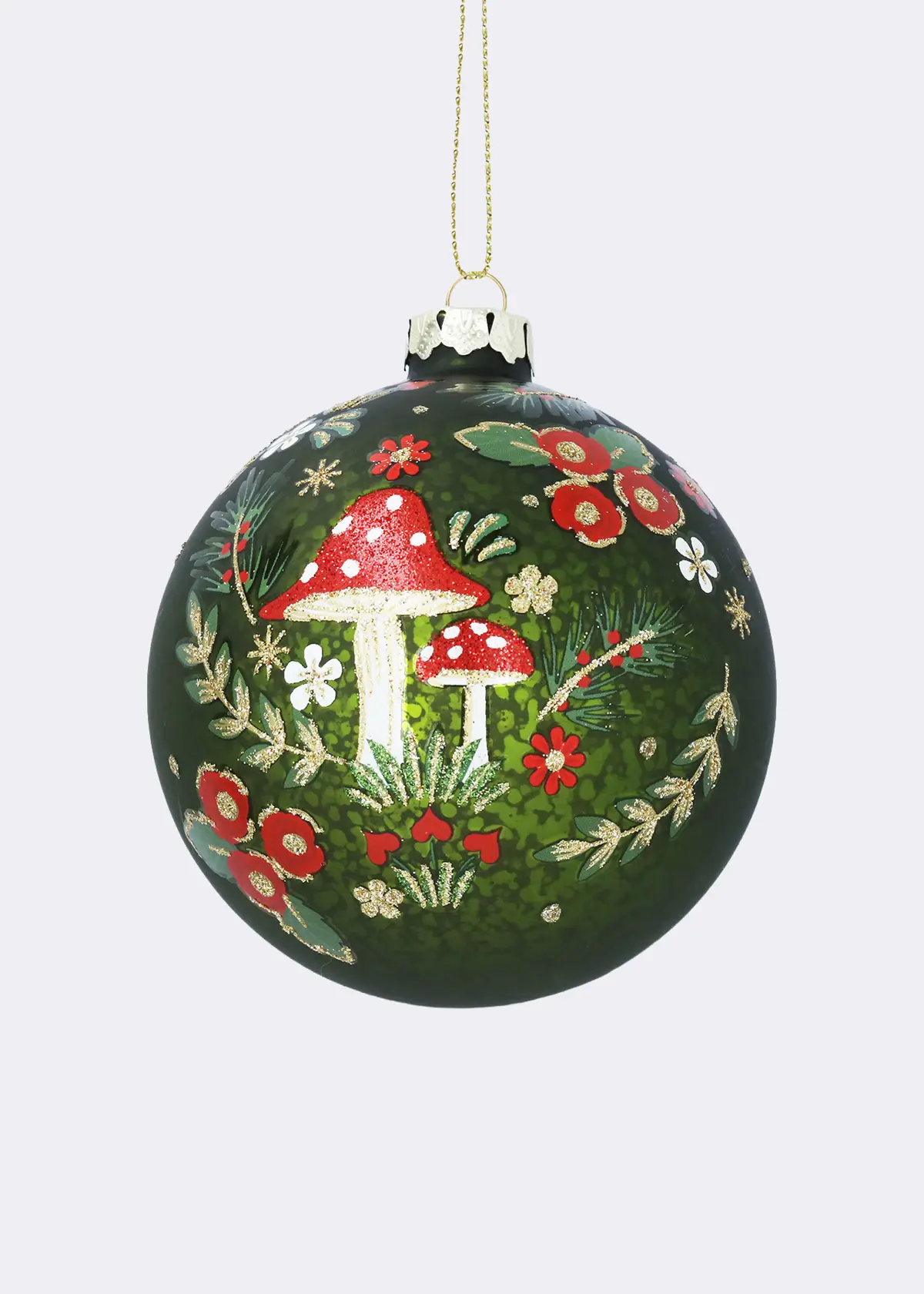 A photo of Antique Green Glass Bauble With Mushrooms 10cm