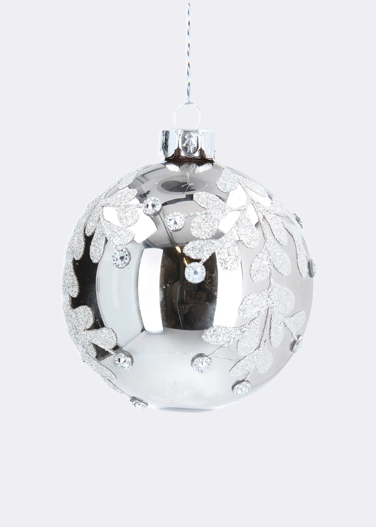 A photo of Silver Glass Bauble With Diamante Leaf Drop 8cm