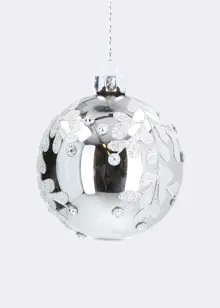 Silver Glass Bauble With Diamante Leaf Drop 8cm