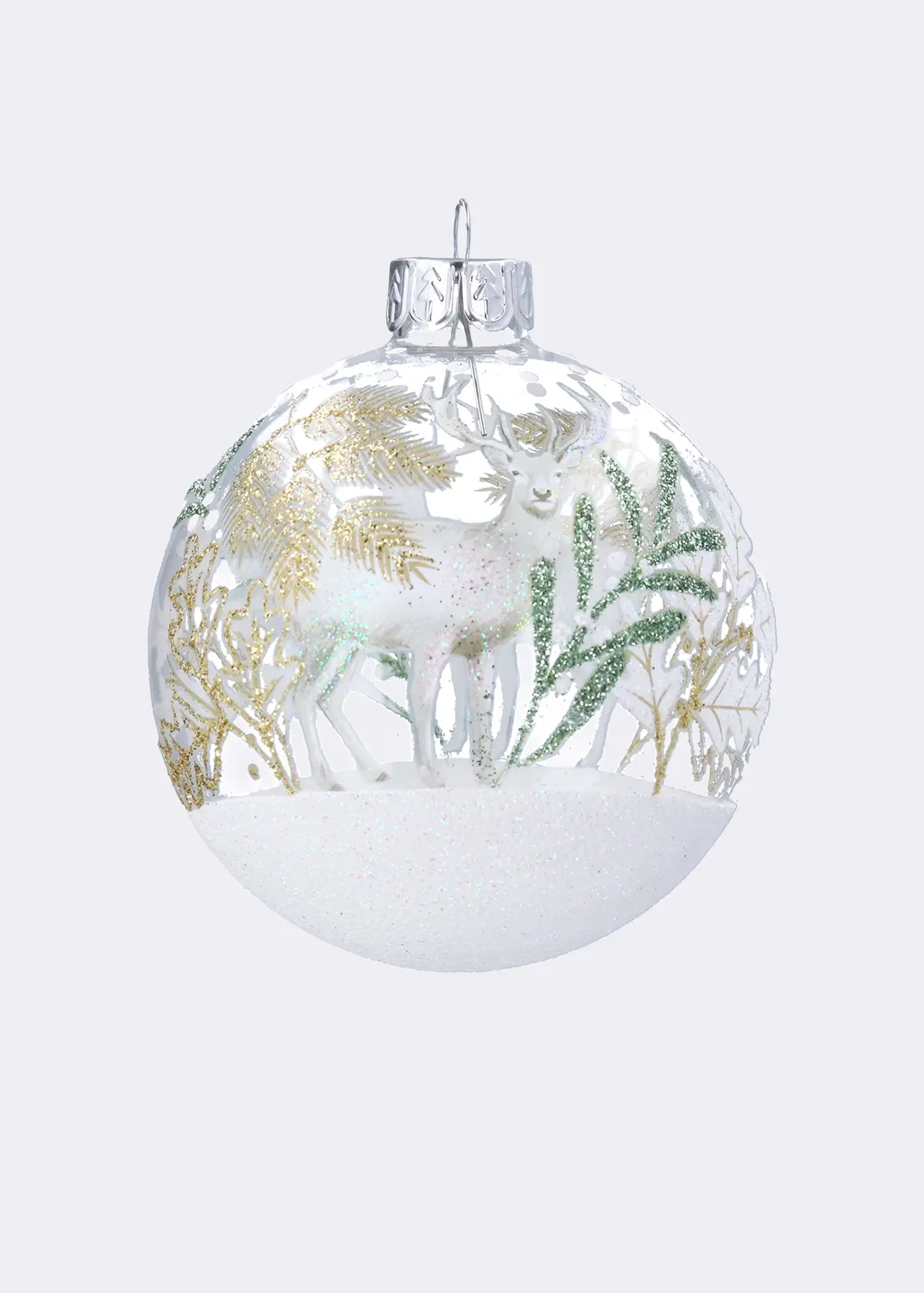 A photo of Glitter Stags & Winter Spray Clear Glass Bauble 8cm