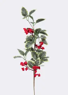 Faux Variegated Holly & Berry Clusters Stem 69cm