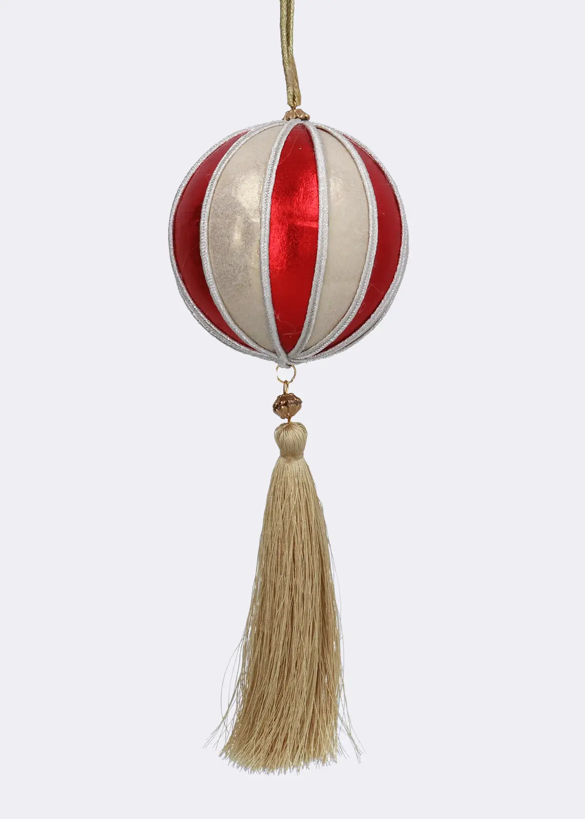 A photo of Red & Gold Stripe With Tassel Bauble 8cm