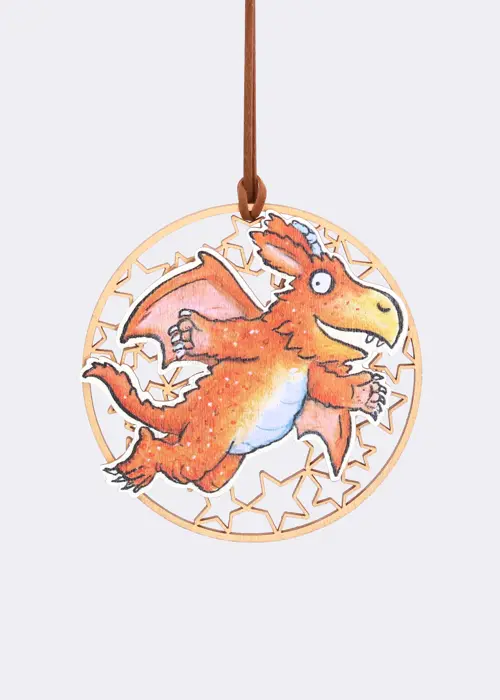 A photo of Zog With Fireworks Wooden Hanging Decoration