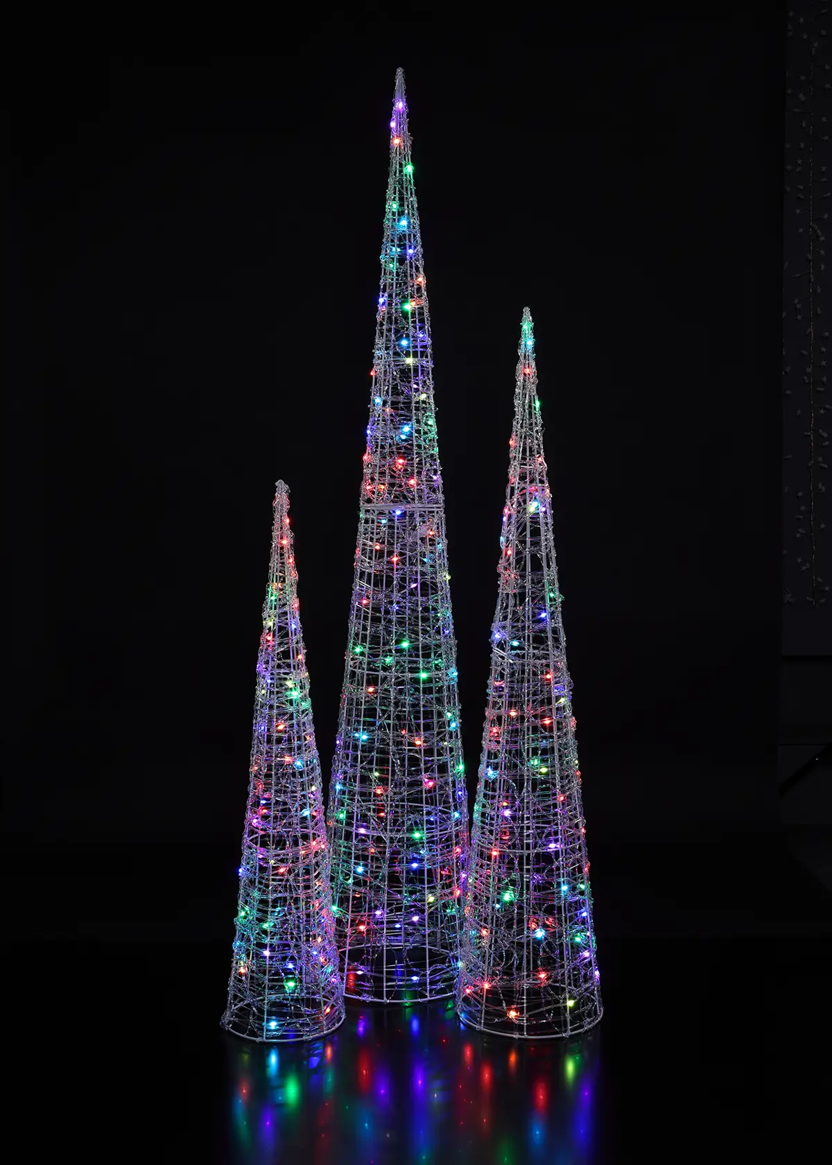 Set of 3 Spun Acrylic Colour-Changing LED Cone Trees