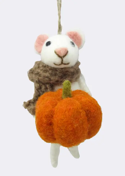 A photo of Felt Mouse Holding Pumpkin Hanging Decoration 13cm