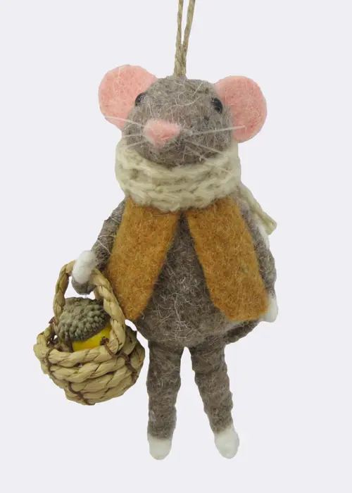 A photo of Felt Mouse With Acorn In Basket Hanging Decoration 13cm