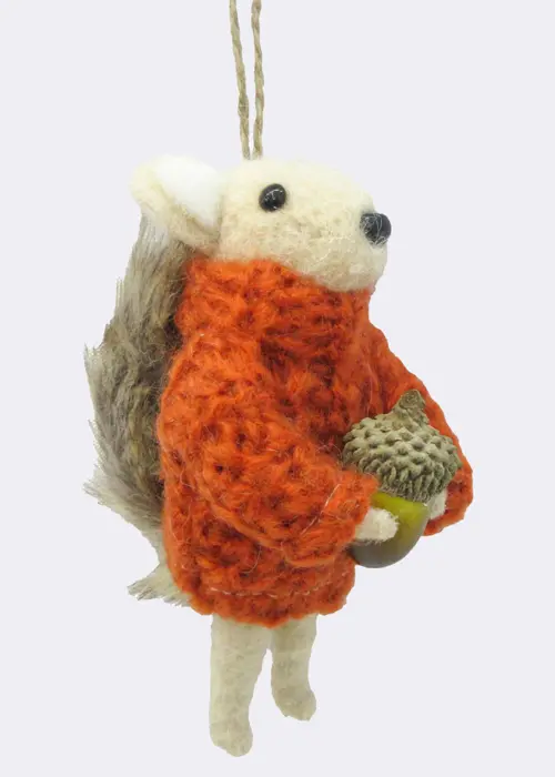 A photo of Felt Squirrel In Orange Jumper With Acorn Hanging Decoration