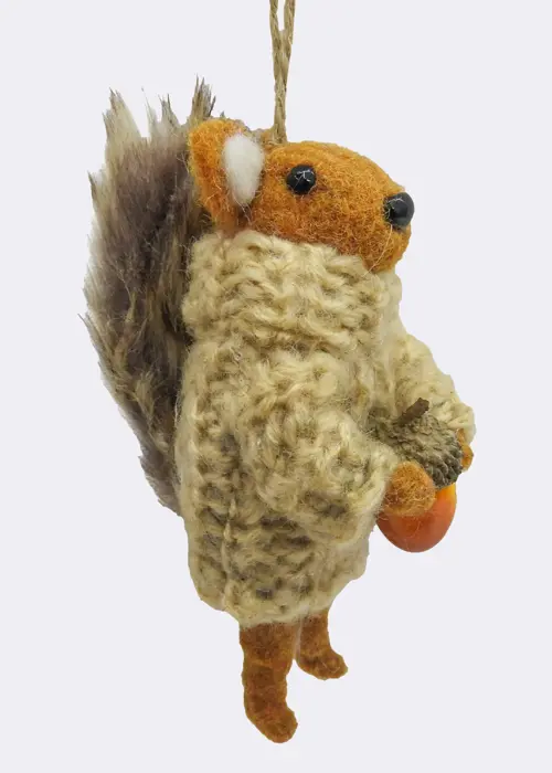 A photo of Felt Squirrel In Beige Jumper With Acorn Hanging Decoration