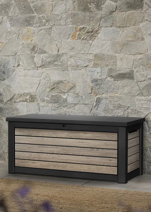 A photo of Keter Deco Ashwood Deck Storage Box 630L
