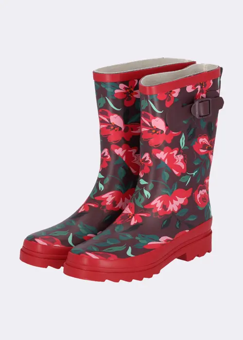 A photo of XQ Ladies Red Floral Rubber Rain Boots With Belt UK 7