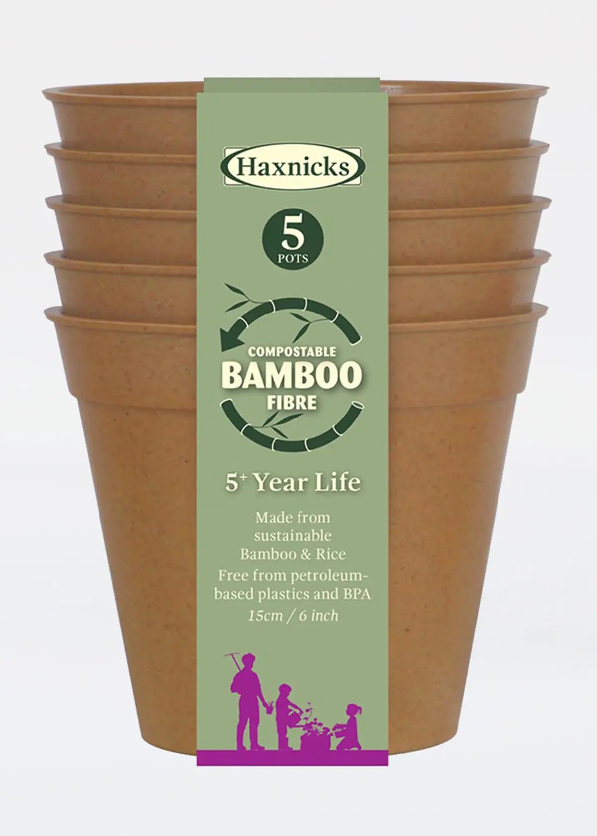 A photo of Haxnicks 15cm (6") Bamboo Pot 5 pack Terracotta