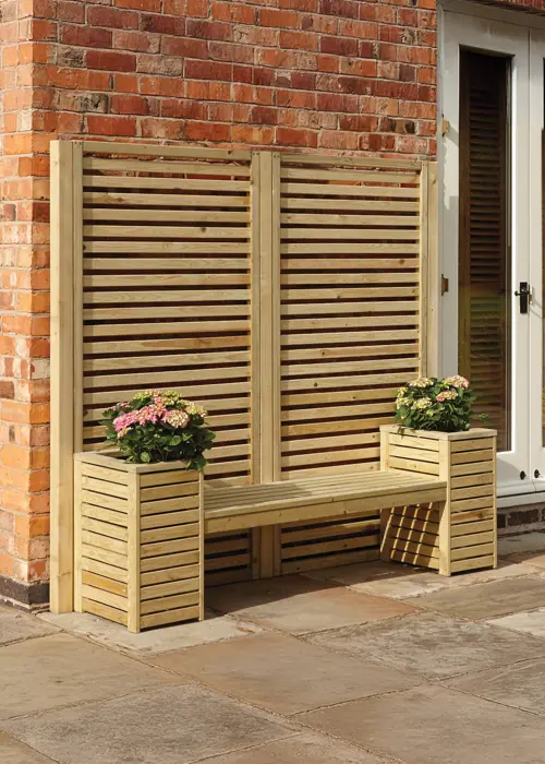 A photo of Garden Creations Planter Bench With Trellis