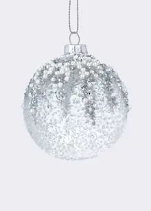 Silver Glitter & Pearls Crushed Glass Bauble 8cm