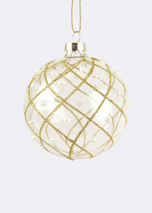 A photo of Gold Glitter & Pearl Trellis Bauble 8cm