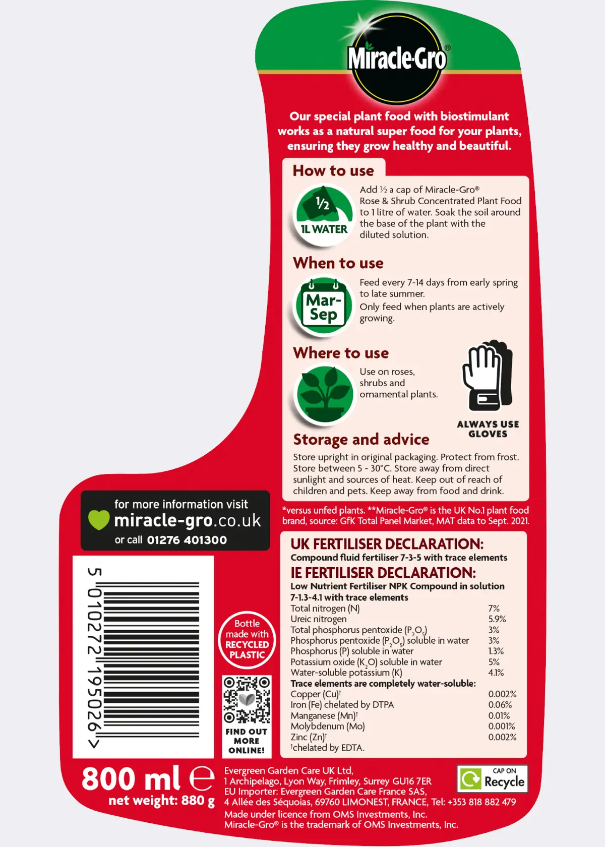 A photo of Miracle-Gro Rose Feed 800ml