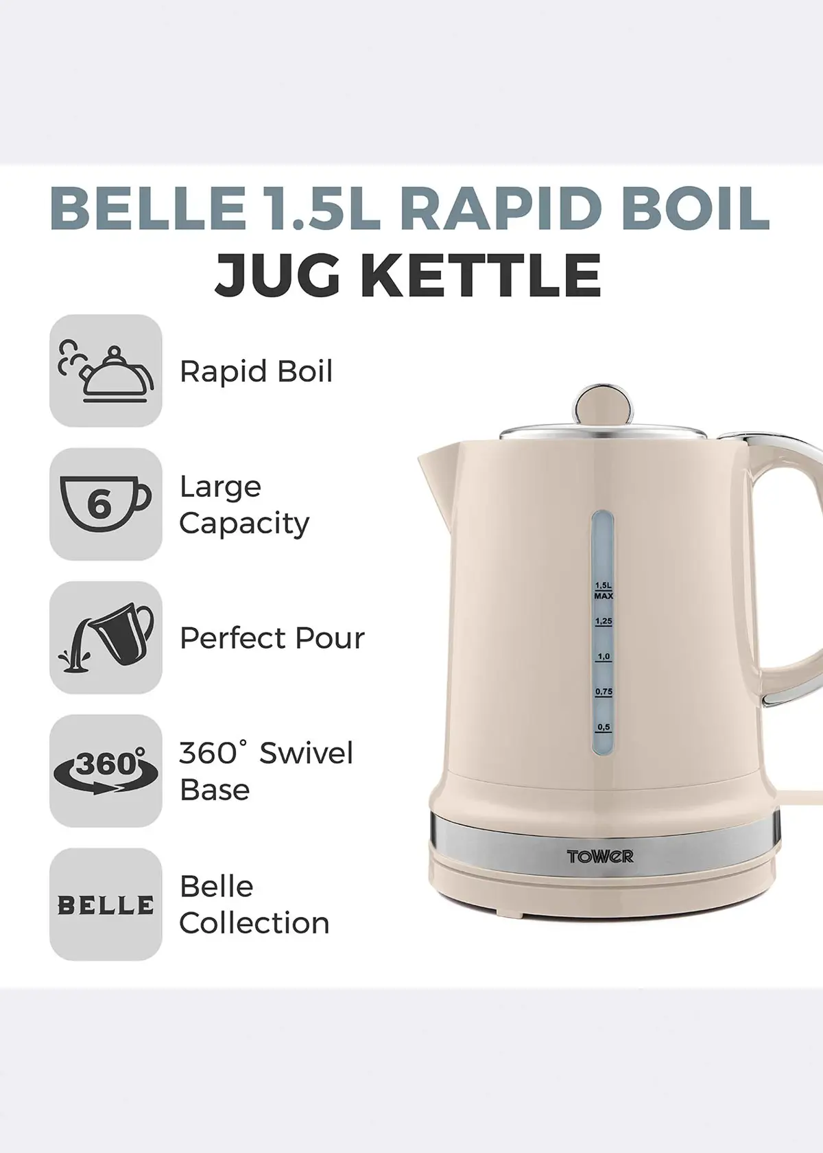A photo of Tower Belle 1.5L Jug Kettle Cream